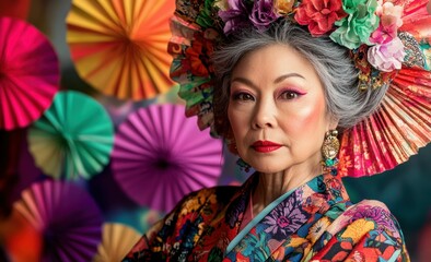 Naklejka premium Woman adorned in floral outfits pose against a handcrafted flower setting, reflecting a vibrant blend of art, nature, and fashion.