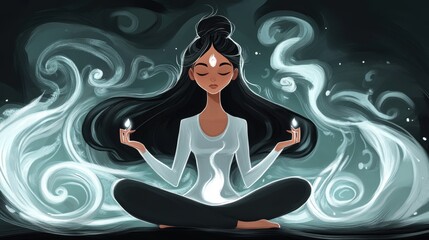 A beautiful female is doing medication with tranquil peaceful settings.