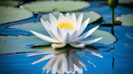 a single white waterlily sitting on top of a pool of water next to a leaf covered plant