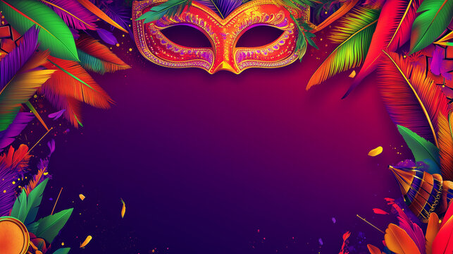 Barranquilla Carnaval banner with neon red, green and purple gradient background, large carnival mask iconography with colorful feathers in the center