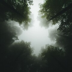Naklejka premium Mysterious foggy woods enchanted forest nature ethereal atmosphere low angle shot soft diffused light