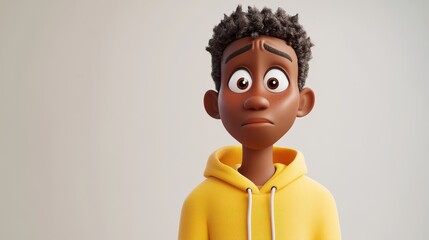 A 3D sad, stressed, and upset cartoon African boy transitioning to a young adult man, depicted in a yellow hoodie, representing a range of emotional struggles.