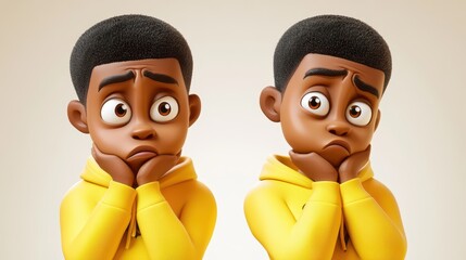 Fototapeta premium A 3D sad, stressed, and upset cartoon African boy transitioning to a young adult man, depicted in a yellow hoodie, representing a range of emotional struggles.