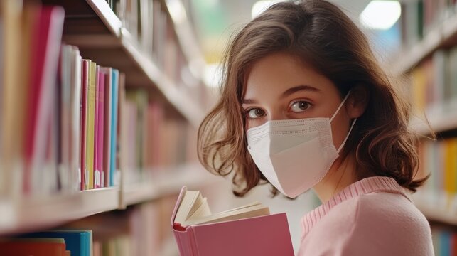 Young woman reading in library wearing mask to prevent allergies