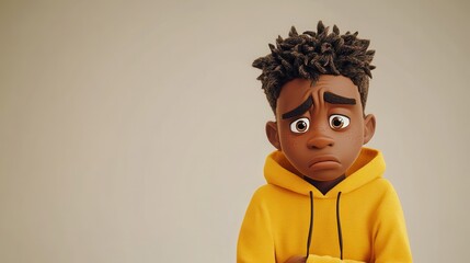 Obraz premium A 3D sad, stressed, and upset cartoon African boy transitioning to a young adult man, depicted in a yellow hoodie, representing a range of emotional struggles.