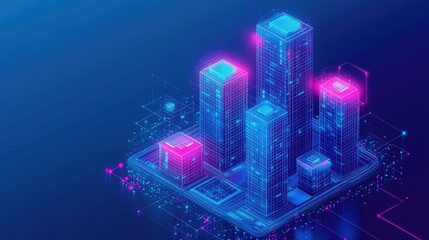 Low poly 3D wire mesh of a smart city An intelligent building automation system concept with binary code data flow showcasing technology in urban architecture