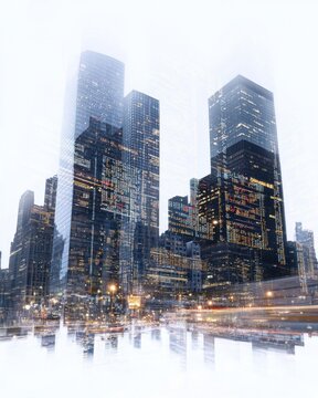 Double exposure of modern architecture with glowing trading charts in urban environment aesthetic viewpoint for business insights
