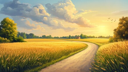 Fototapeta premium Sunset Country Road Winding Through Golden Wheat Field