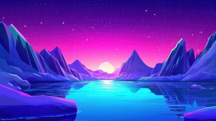 Fototapeta premium Surreal Purple Mountains Reflecting In A Calm Blue Lake At Night