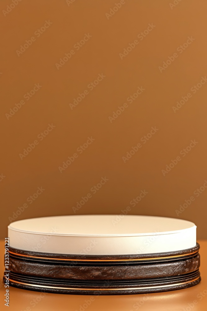 Poster minimalist product display platform with brown and white layers on a solid brown backdrop