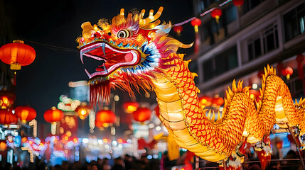 Fototapeta premium A Chinese New Year where the dragon dance is performed by giant, glowing serpents that twist and coil through the air, leaving trails of light in their wake