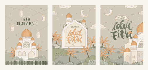 Ramadan Celebration Background set Featuring a Grand Mosque in Scenic View for Flyers, cover, greeting card background and print