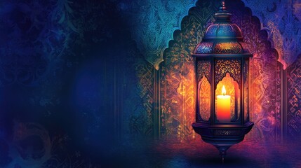 Luminous tradition. A lantern, softly lit by a candle, traditional customs observed during Ramadan Kareem. Wallpaper banner with copy space.