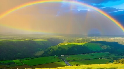 Obraz premium there is a rainbow that appears to be coming out of the sky over a mountain