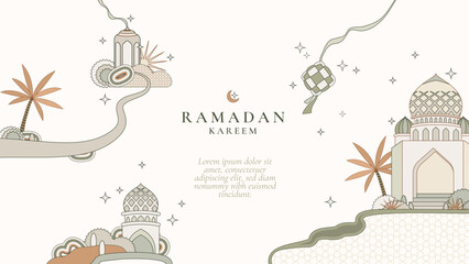 Ramadan Celebration Background set Featuring a Grand Mosque in Scenic View for Flyers, cover, greeting card background and print