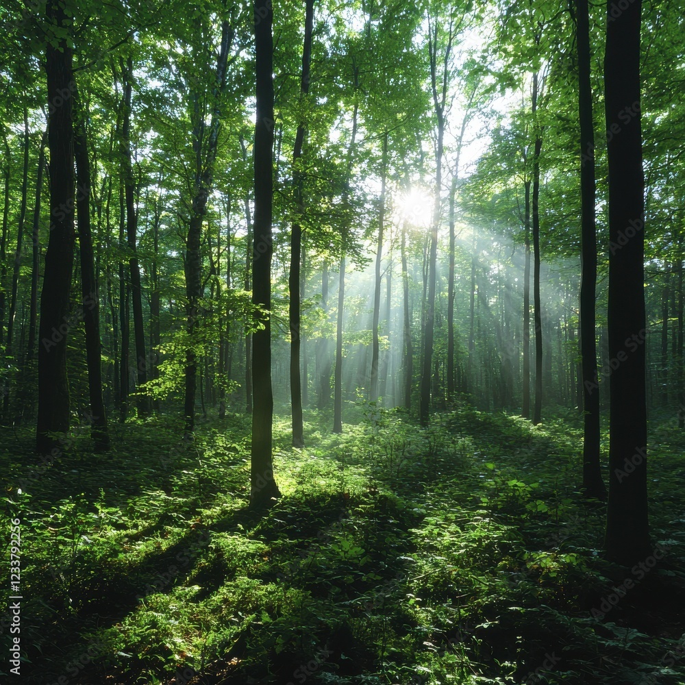 Poster lush forest scene promoting nature conservation ground level view sunlight filtering through trees i