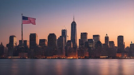 Obraz premium A stunning city skyline at dusk with American flags waving in the foreground, soft bokeh lights, and copy space. For Presidents' Day. 