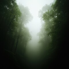 Naklejka premium Ethereal foggy woods scene enchanted forest nature soft diffused light low angle view mystical atmosphere
