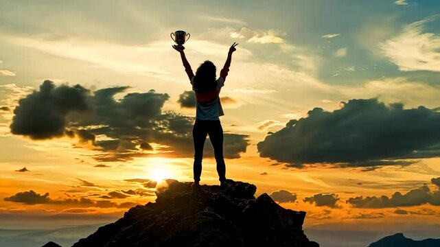 Victory moment: person holding triumphal cup celebrates success across sports, competition, personal goals, embodying achievement, recognition, joy of reaching new heights in business, beyond.
