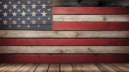 A weathered wooden surface with a folded American flag, vintage star decorations, and room for text. For Presidents' Day.
