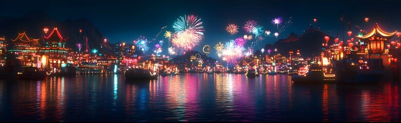 Obraz premium A Chinese New Year where the fireworks are launched from a series of floating islands that drift above the city, creating a spectacle of light and color in the night sky