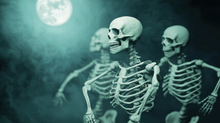 Three skeletons dance under a glowing moon, surrounded by mist, creating an eerie yet playful Halloween atmosphere.
