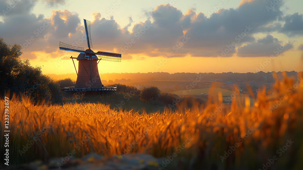 Poster sunset over wheat field with rustic windmill
