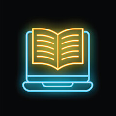 Bright neon icon of an open book displayed on a laptop screen, symbolizing online education and e learning
