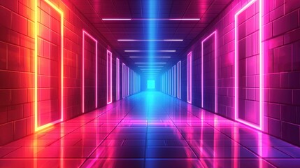 Fototapeta premium Neon Lights Illuminate A Futuristic Corridor