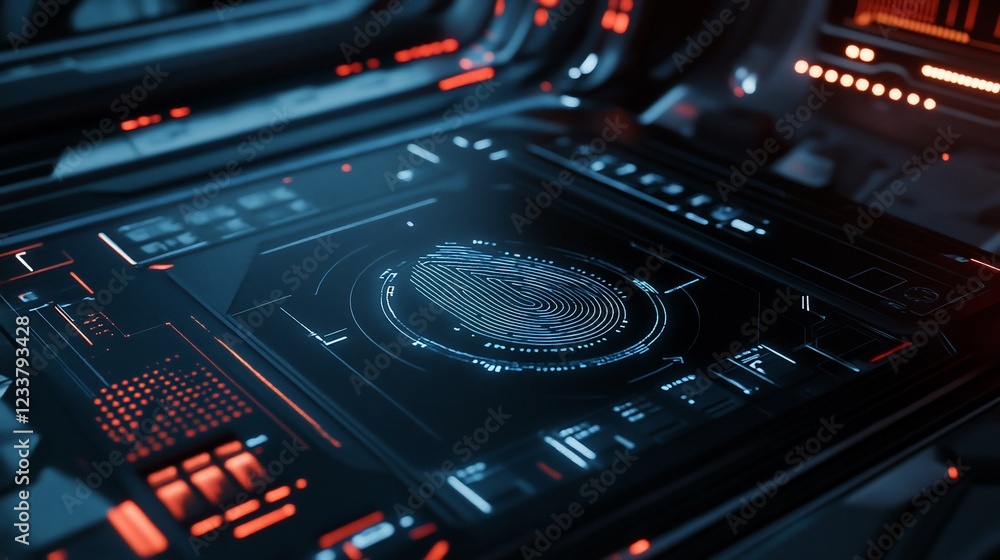 Poster futuristic interface displaying fingerprint scan technology with glowing red accents