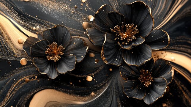 Fototapeta Lutus flower 3d wallpaper for wall frames fractal flowers golden and black liquid marble background. Resin geode and abstract art, functional art, like geode painting.