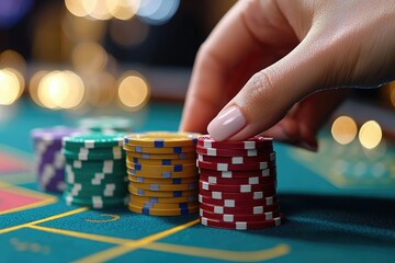 Naklejka premium Woman s Hand Placing Casino Chips on Green Felt Table Gambling Close Up