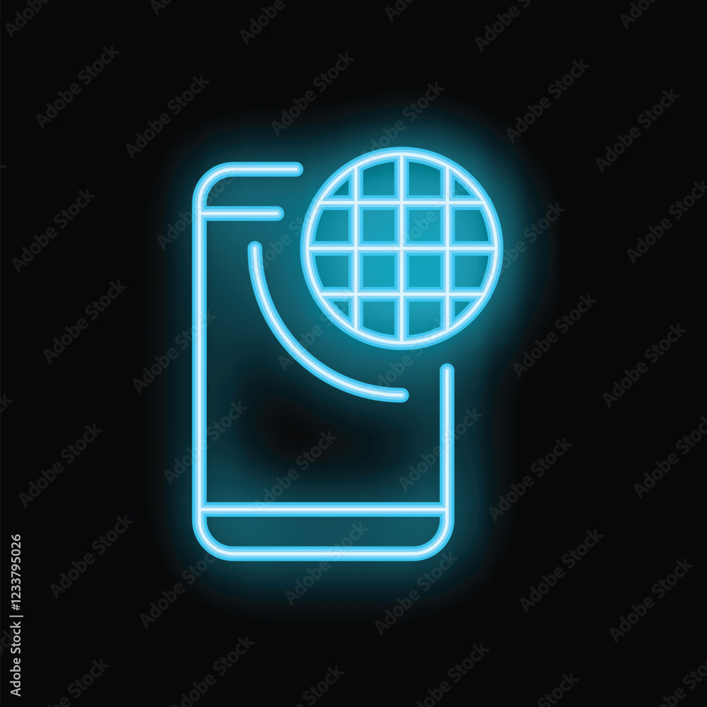 Poster neon sign of a smartphone showing a globe, representing global network connection