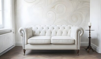 Obraz premium A luxurious wallpaper with an elegant pattern of wave shapes, adding depth and texture to the space. The soft gray color sets off a modern sofa in white leather or velvet, creating a sophisticated 