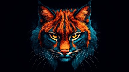 Vividly colored stylized tiger face with striking orange and blue tones against a dark background