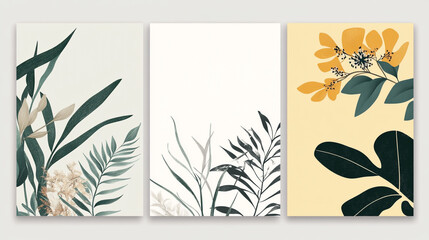 Monotone pastel beige creative leaf branches. Retro abstract leaves stem background. Set of three elegant watercolor floral designs featuring lavender 