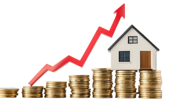 House on Growing Coin Piles with Red Arrow Isolated on Transparent Background