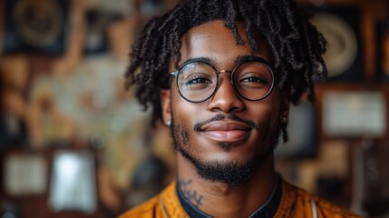 Portrait of a smiling young Black man with dreadlocks and glasses
