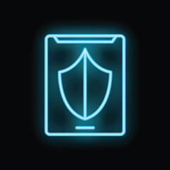 Neon glowing icon of mobile phone showing security shield icon on screen