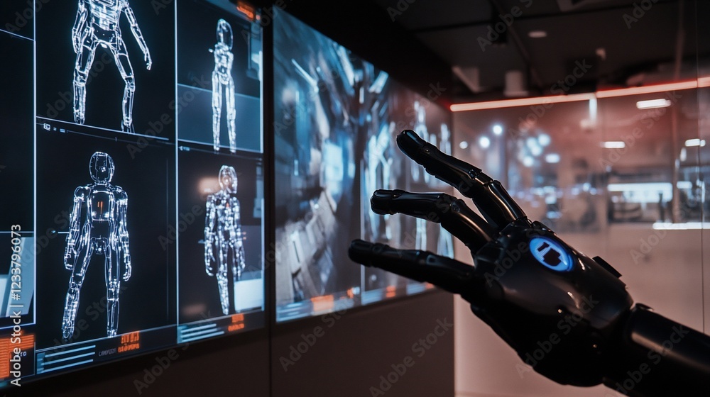 Poster advanced robotic hand interacting with digital displays showing humanoid figures