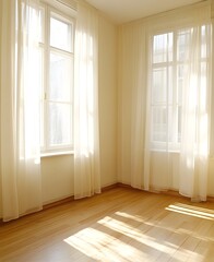Fototapeta premium A photograph of an empty wall in the corner of a room with light wood floors, white walls, and soft sunlight streaming through sheer curtains. The image should have a warm color palette and 