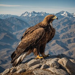 Fototapeta premium a majestic Himalayan Vulture perched atop a rugged, snow-covered peak in the high Himalayas.A golden eagle perched on a mountain peak at dawn. Golden eagle on a rock with mountains in the background