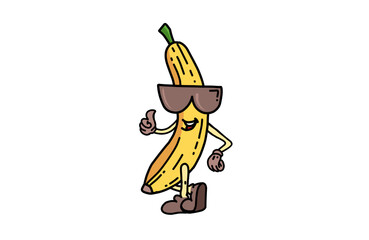 Funny fun banana fruit character cartoon with smiling face, sunglasses and sneakers. Cheerful tropical fruit figures give thumbs up, promoting healthy natural nutrition with a nostalgic atmosphere