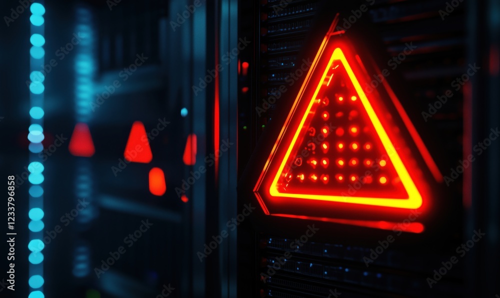 Poster red triangular warning lights illuminate server room, highlighting technology and data security