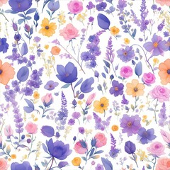 Fototapeta premium Elegant seamless floral pattern featuring hand-painted watercolor flowers in shades of pink, white, and purple with delicate leaves. 