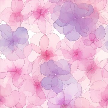 Elegant seamless floral pattern featuring hand-painted watercolor flowers in shades of pink, white, and purple with delicate leaves.  