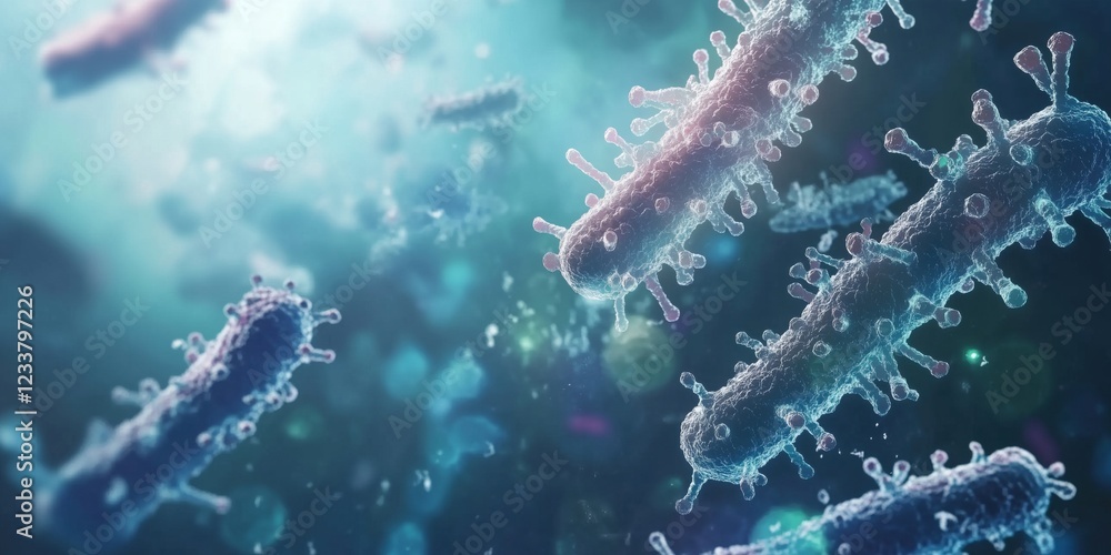 Poster microscopic view of bacteria showcasing intricate structures and vibrant colors, highlighting microb