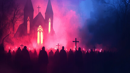 Holy Week banner with red twilight and purplish blue gradient background, holy procession atmosphere with people carrying candles and crosses