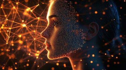 A side profile of a human woman’s face is illuminated against a dark background by glowing neon network nodes and interconnected pathways, representing AI and digital connectivity.