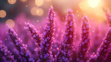 Fototapeta premium Purple Lavender Flowers at Sunset with Bokeh Lighting